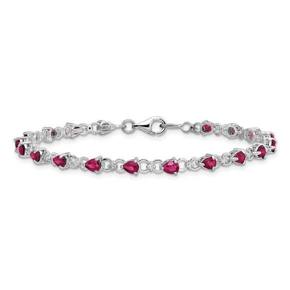 925 Sterling Silver Composite Ruby July Birthstone & Diamond Bracelet, 7" Length - Picture 3 of 6